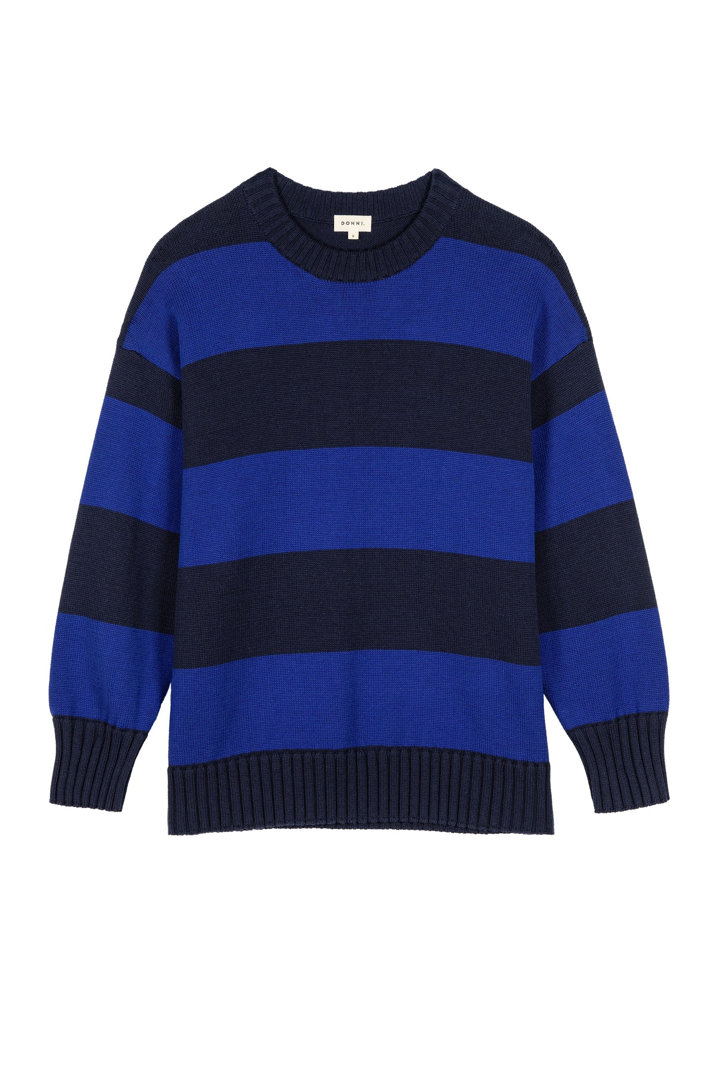The Cotton Knit Stripe Crewneck Sweater in Navy Azure