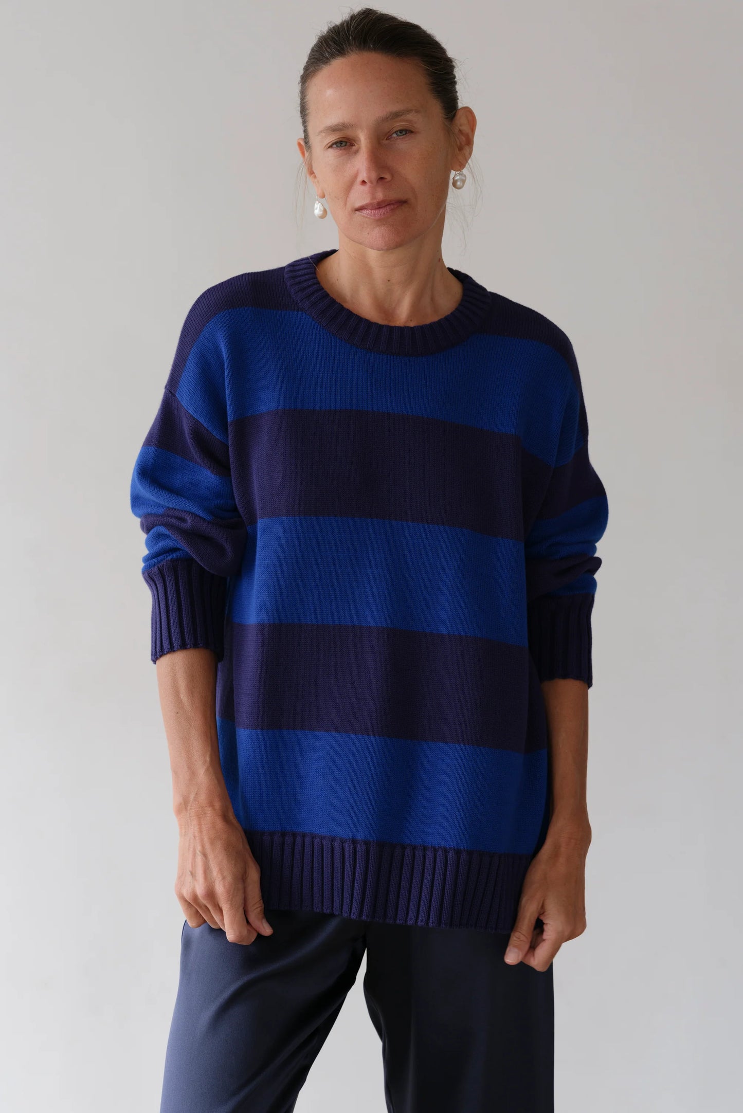 The Cotton Knit Stripe Crewneck Sweater in Navy Azure