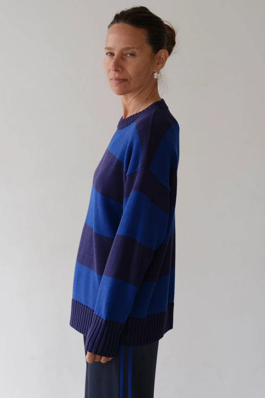 The Cotton Knit Stripe Crewneck Sweater in Navy Azure