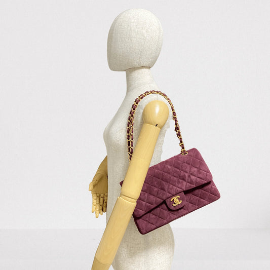 Burgundy Suede Gold Chain Timeless Classic Double Flap