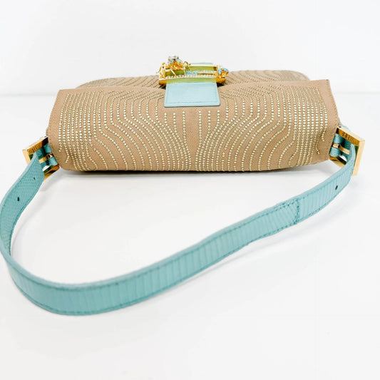 Beige / Turquoise Baguette Canvas Studded Spider Hardware