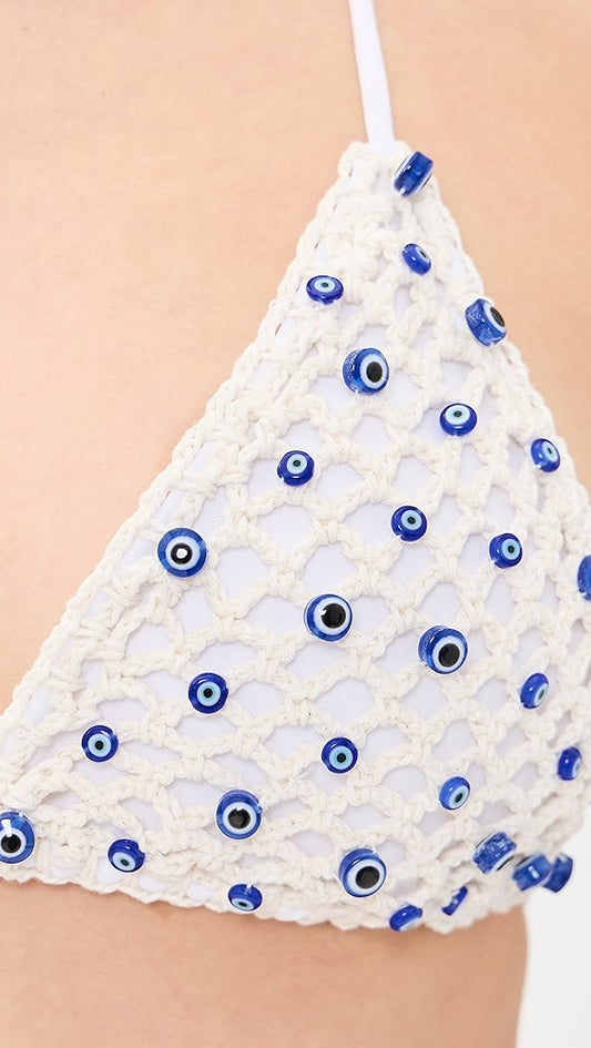 Micro Evil Eye Bikini Top in White and Blue
