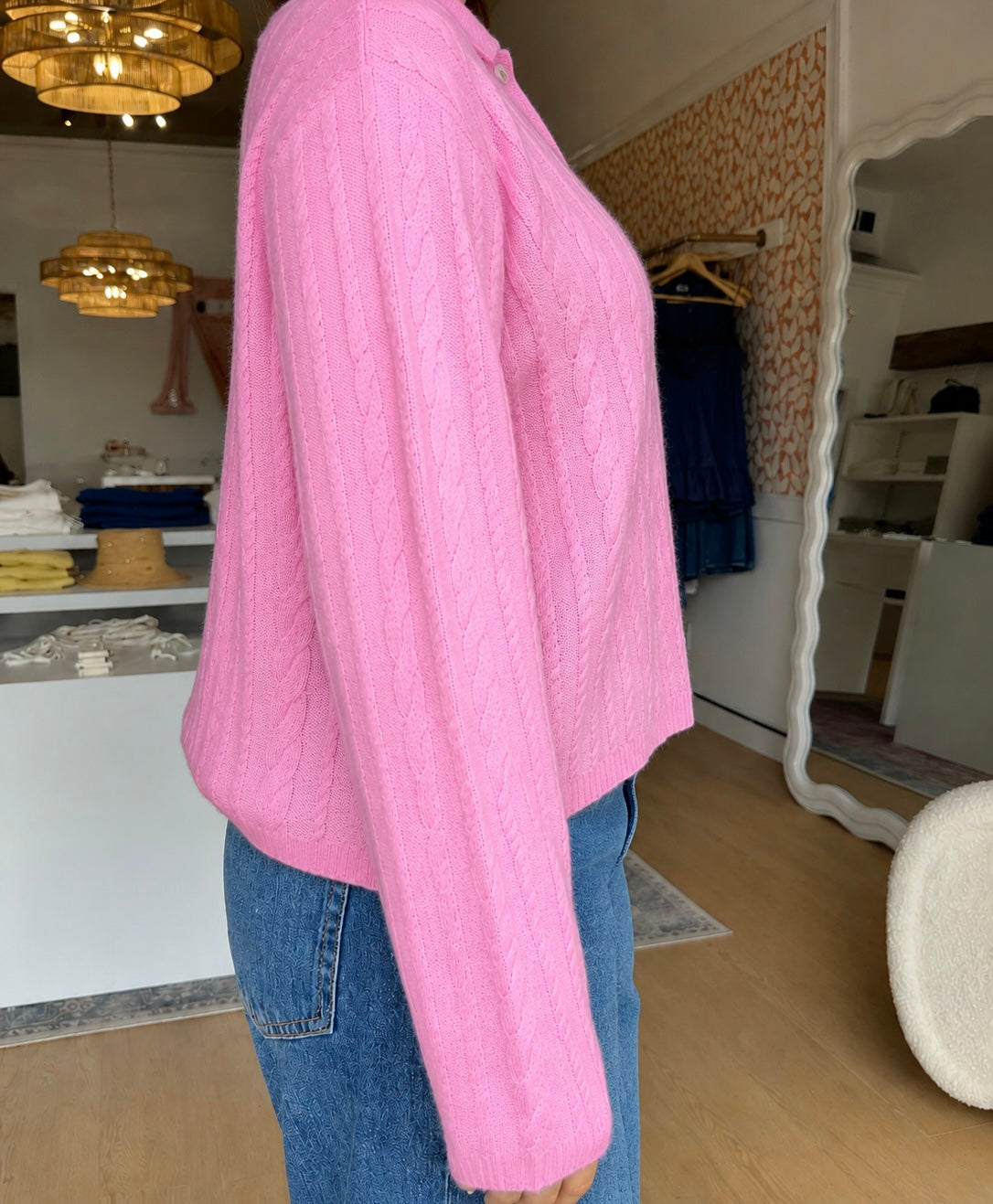 ELSIE C RELAXED LS POLO SWEATER in Dahlia Pink