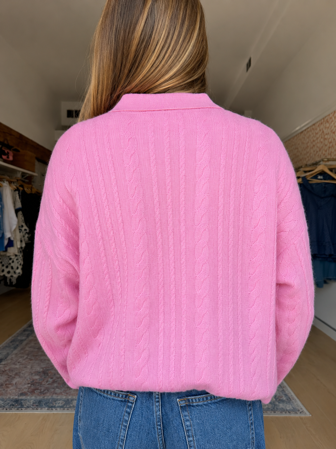 ELSIE C RELAXED LS POLO SWEATER in Dahlia Pink