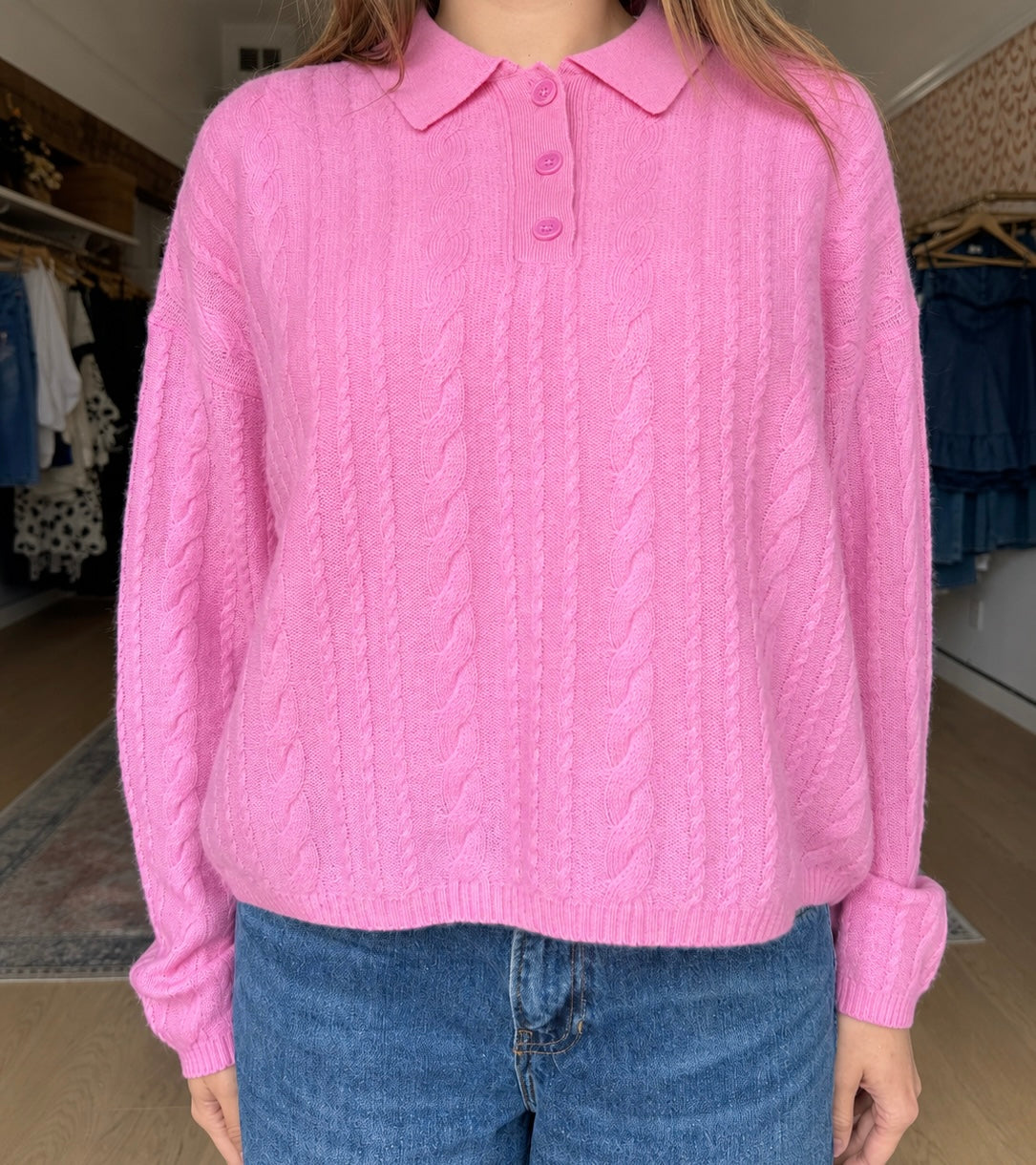 ELSIE C RELAXED LS POLO SWEATER in Dahlia Pink