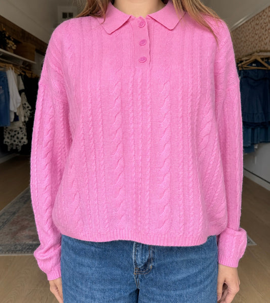 ELSIE C RELAXED LS POLO SWEATER in Dahlia Pink