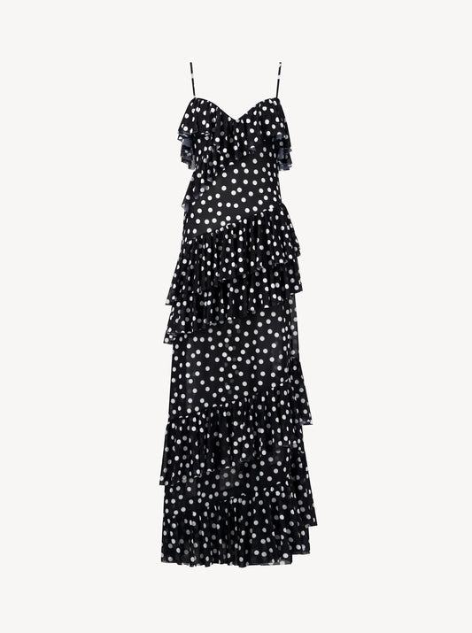 Cascade Dress in Black Polka