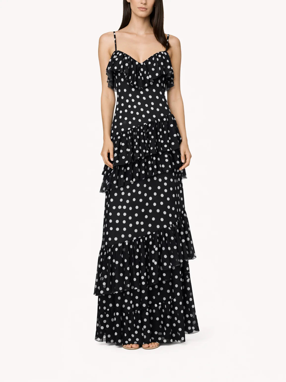 Cascade Dress in Black Polka