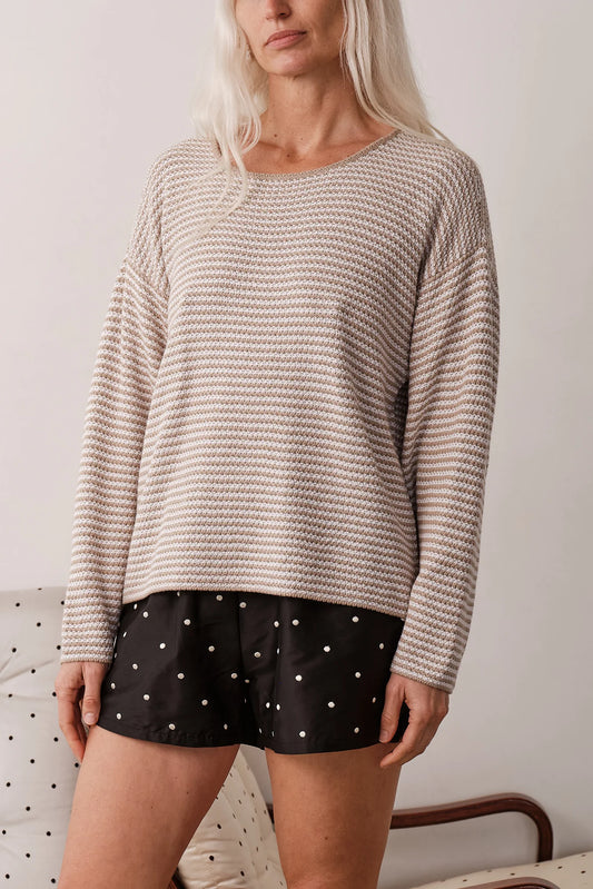 THE COTTON KNIT STRIPE SWEATER in Shitake