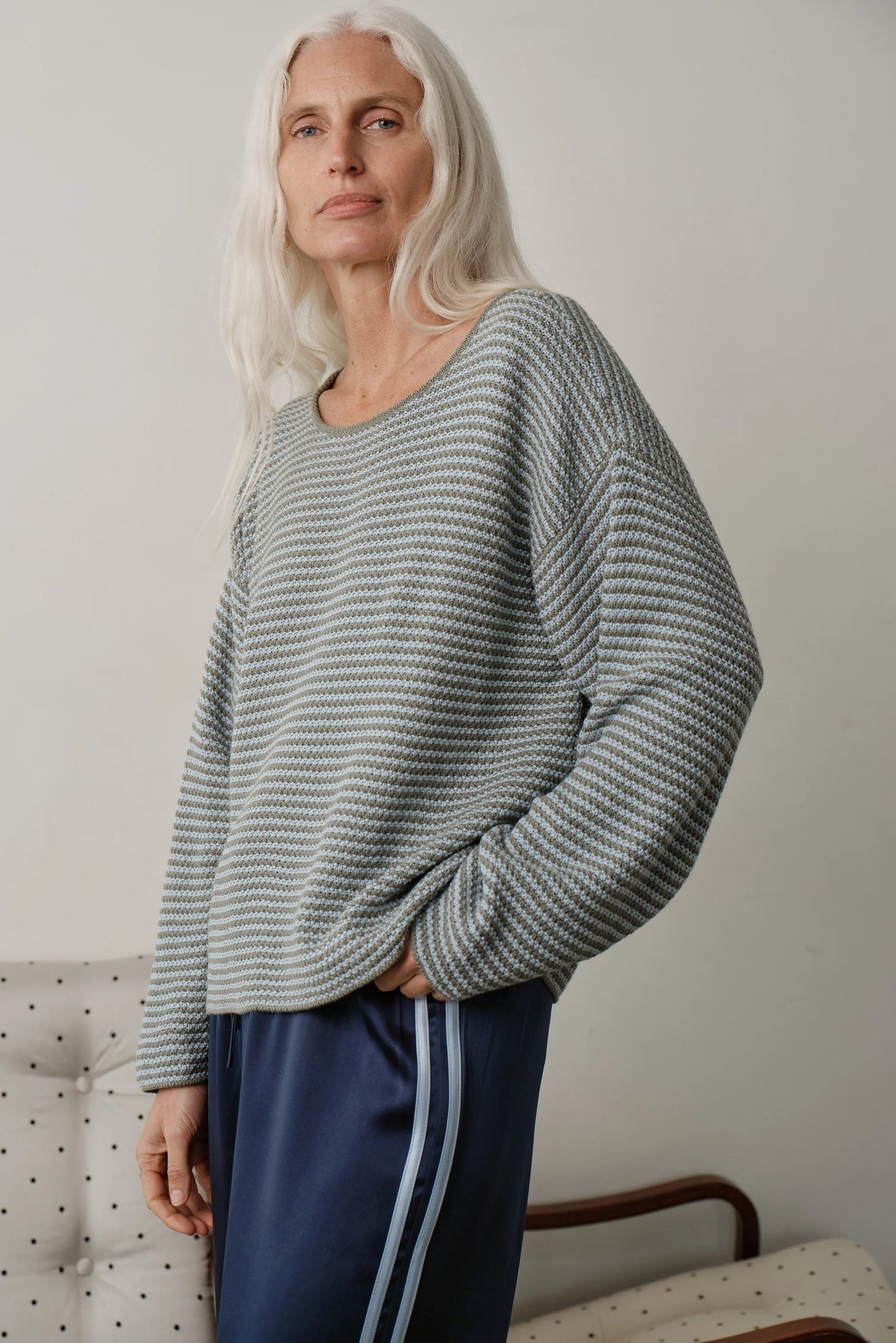 THE COTTON KNIT STRIPE SWEATER in Dill