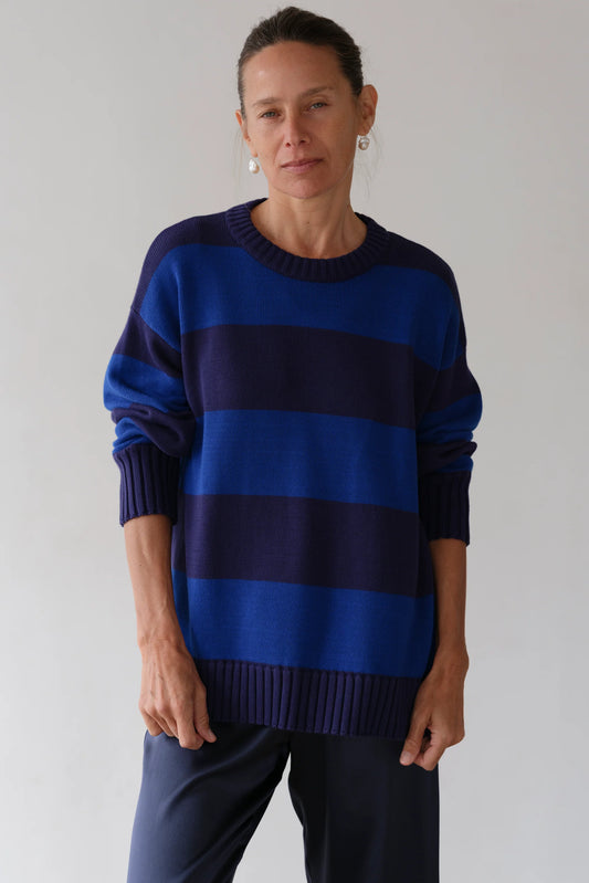 The Cotton Knit Stripe Crewneck Sweater in Navy Azure