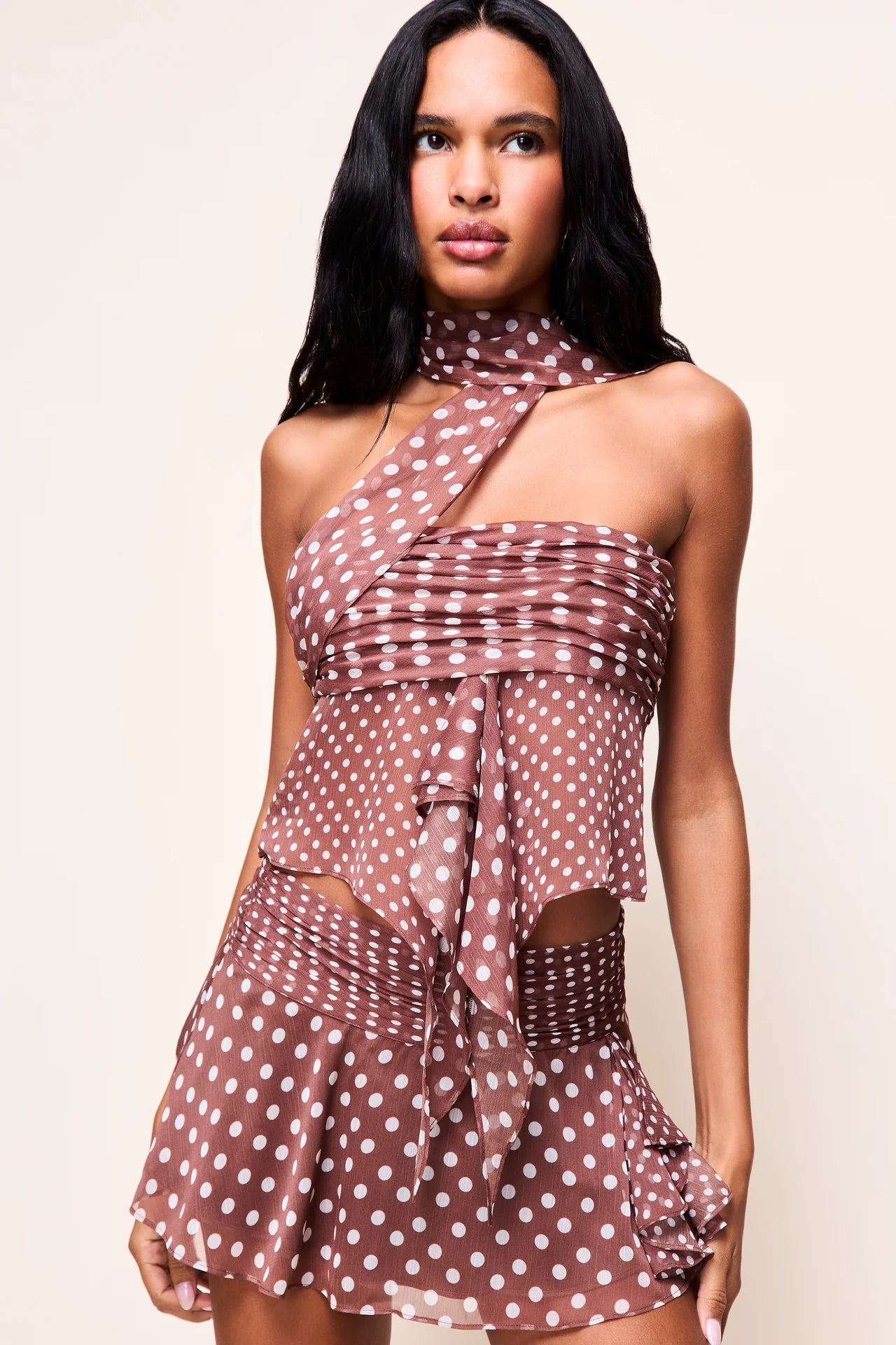 Chiffon Slit Mini Skirt in Espresso Polka Dot