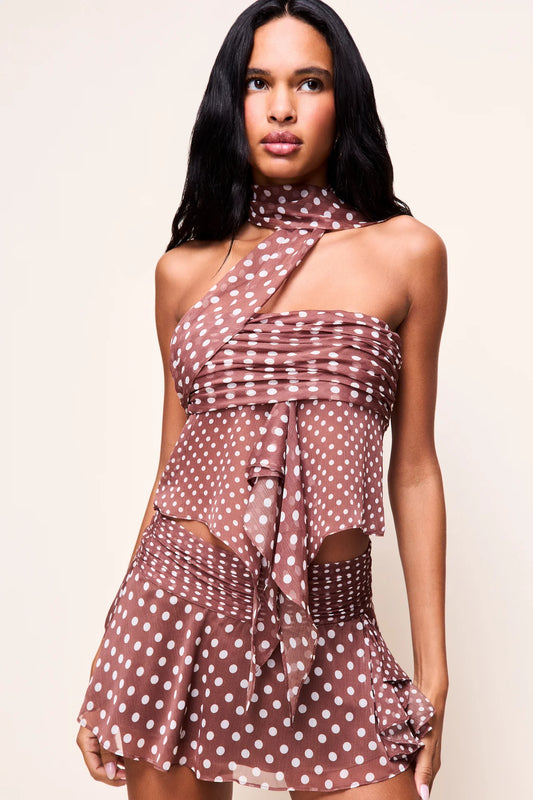 Chiffon Slit Mini Skirt in Espresso Polka Dot