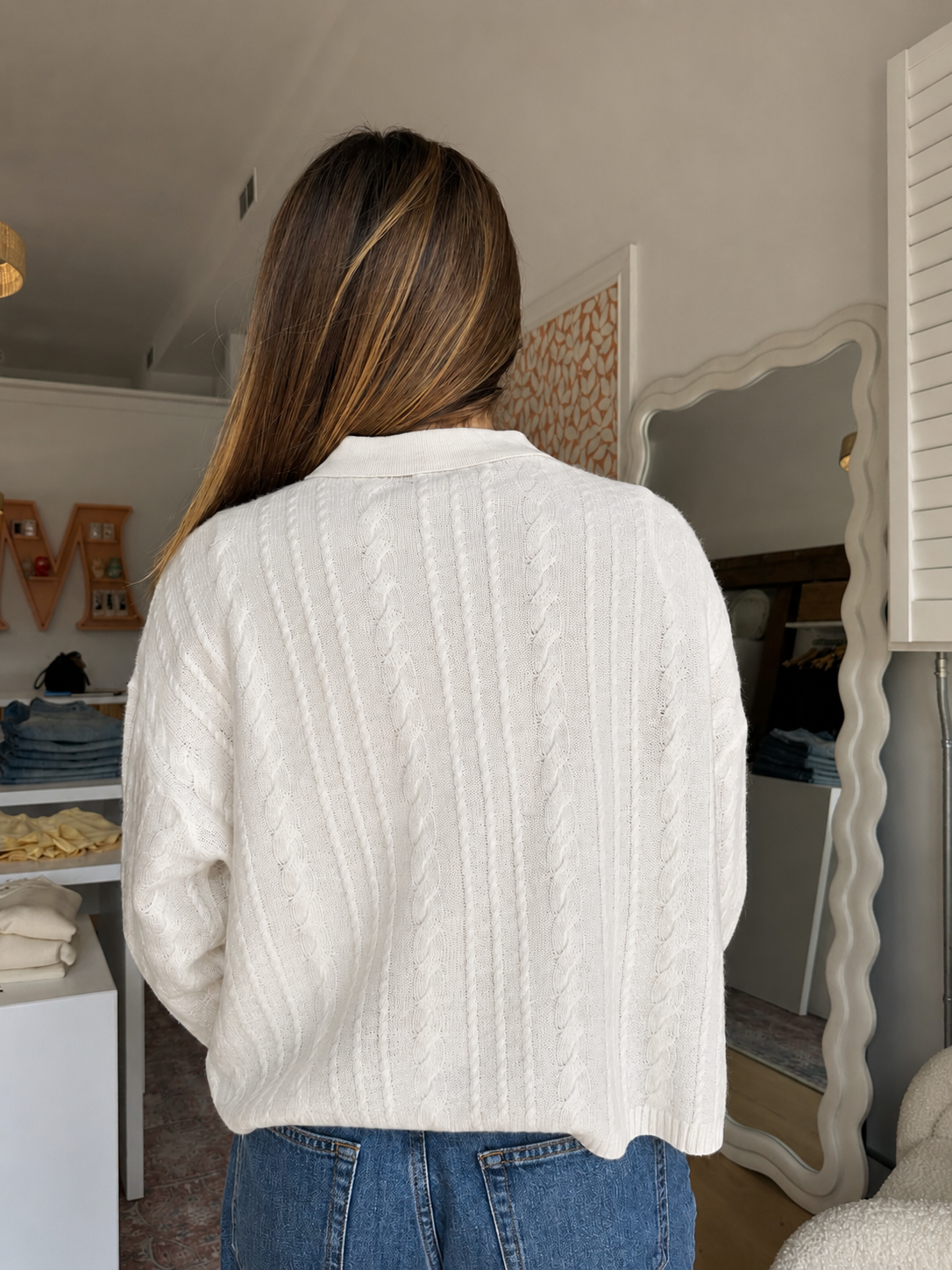 ELSIE C RELAXED LS POLO SWEATER in Gardenia