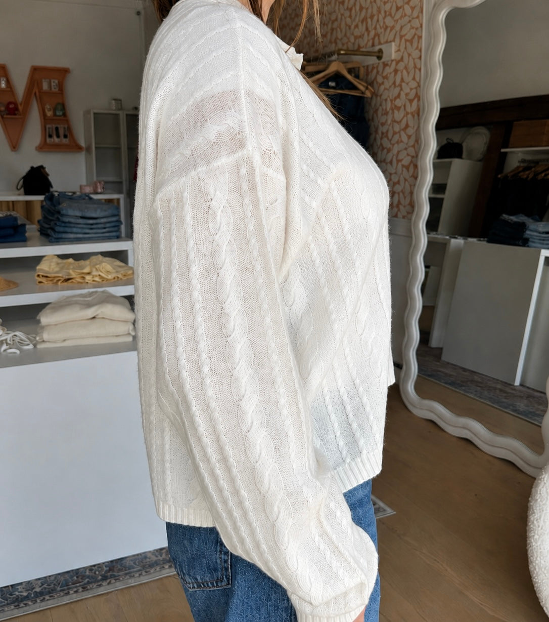 ELSIE C RELAXED LS POLO SWEATER in Gardenia