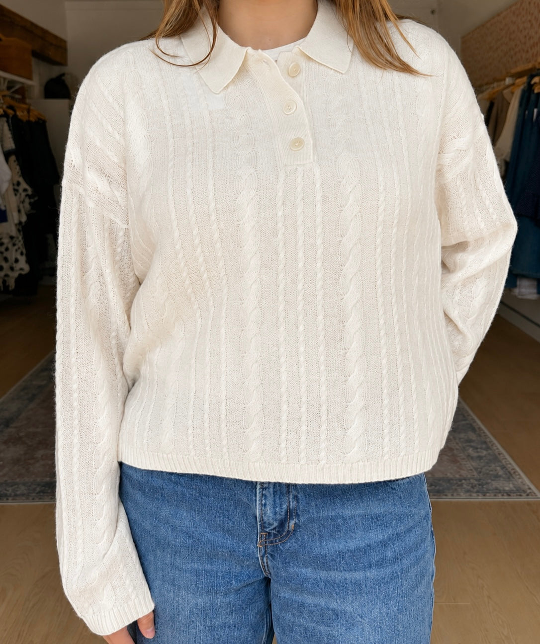 ELSIE C RELAXED LS POLO SWEATER in Gardenia