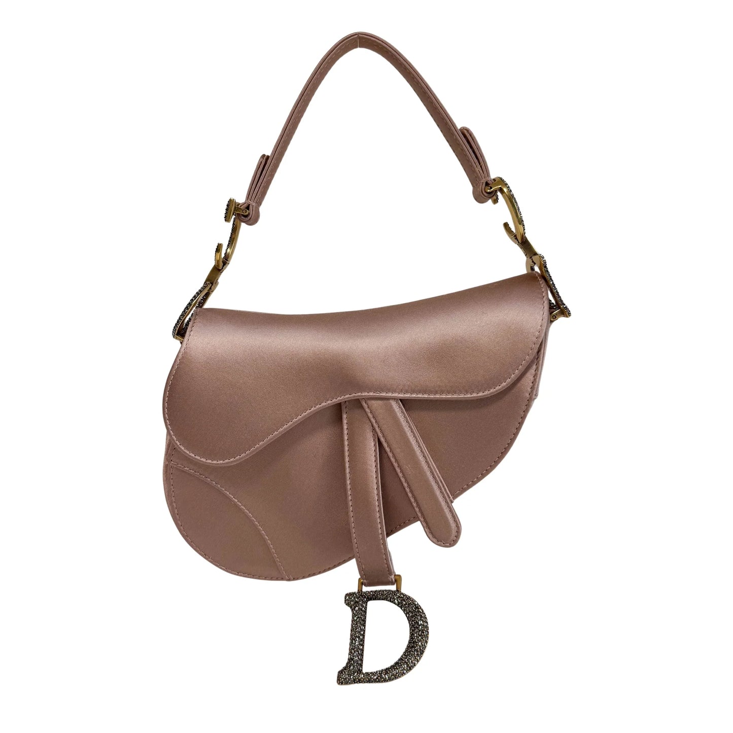 Mini Pink Satin Saddle Bag with Rhinestone Hardware