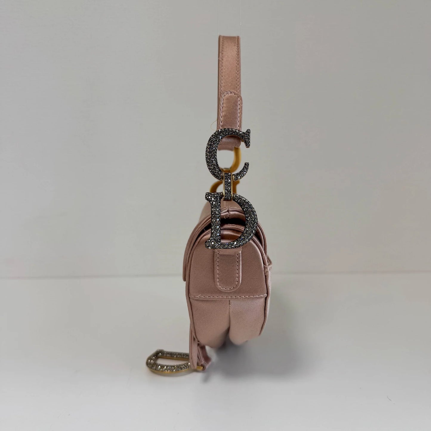 Mini Pink Satin Saddle Bag with Rhinestone Hardware