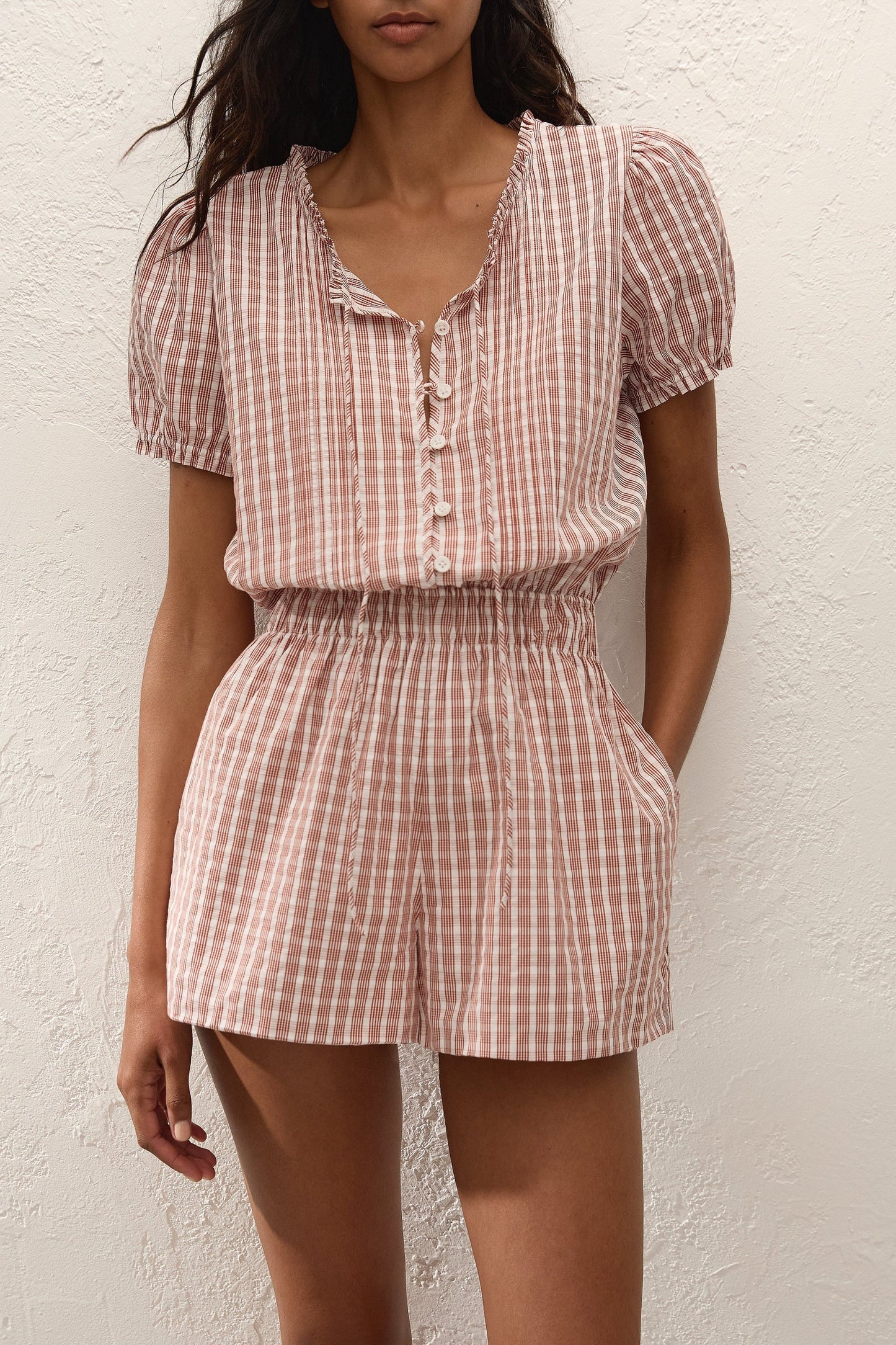EMILIE PLAYSUIT in Paloma Check - Cinnamon White