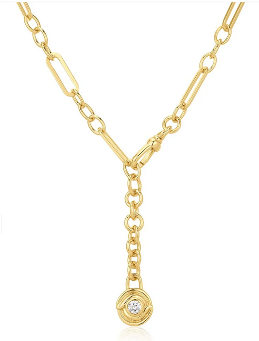 Wave Bezel Lariat Gold Necklace