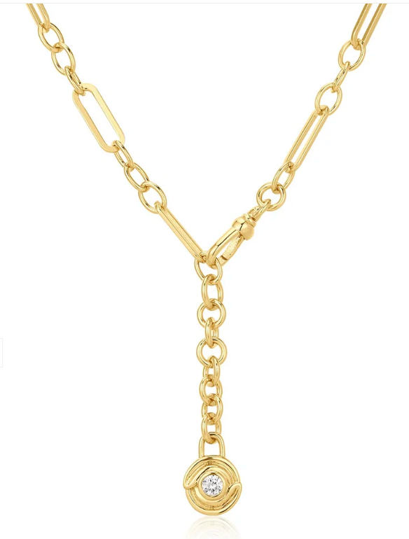 Wave Bezel Lariat Gold Necklace