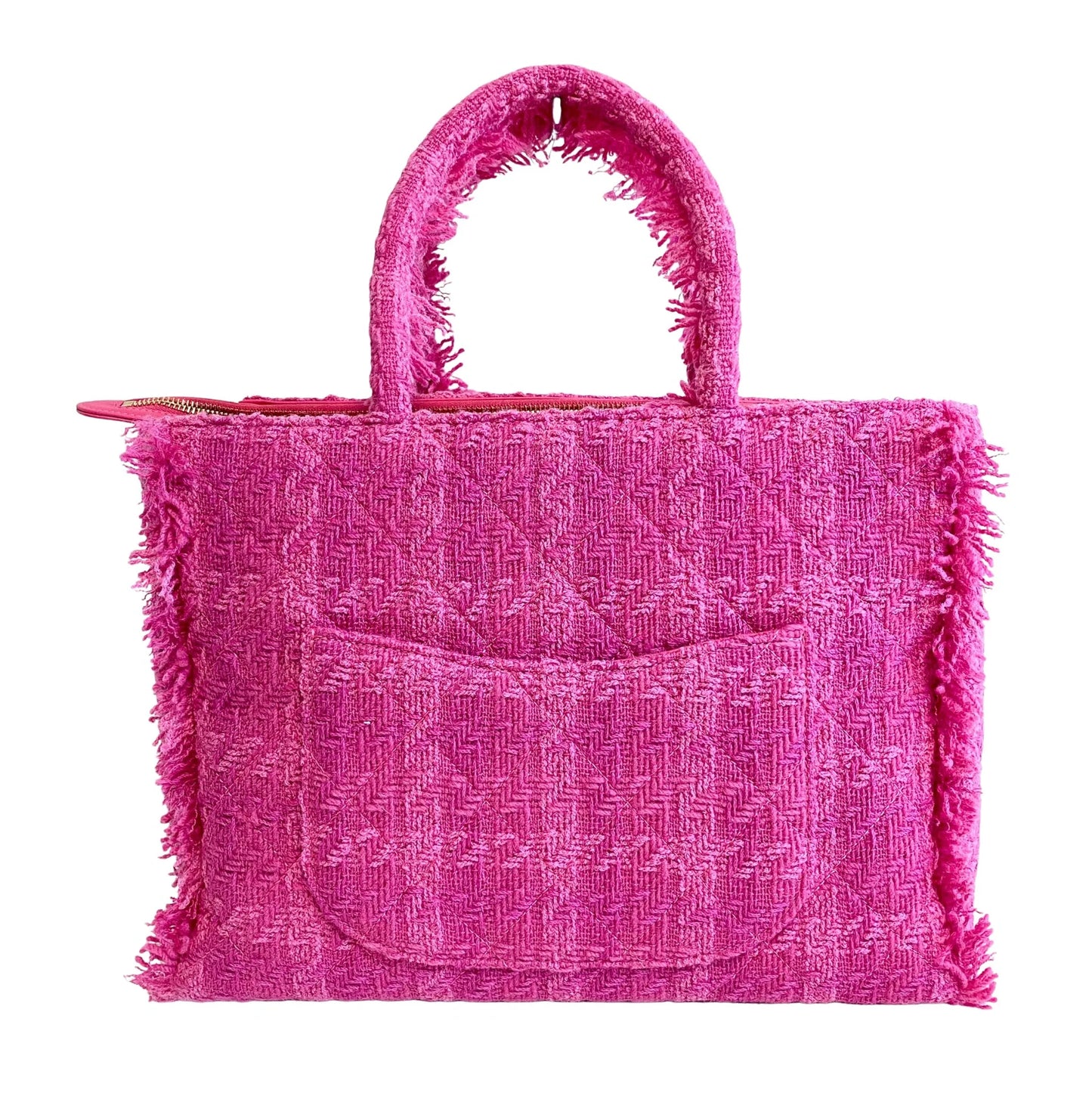 Pink Wool Tweed Logo Fringe Zip Top Shopping Tote Bag