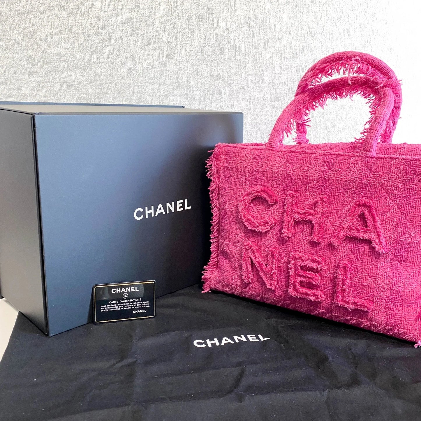 Pink Wool Tweed Logo Fringe Zip Top Shopping Tote Bag
