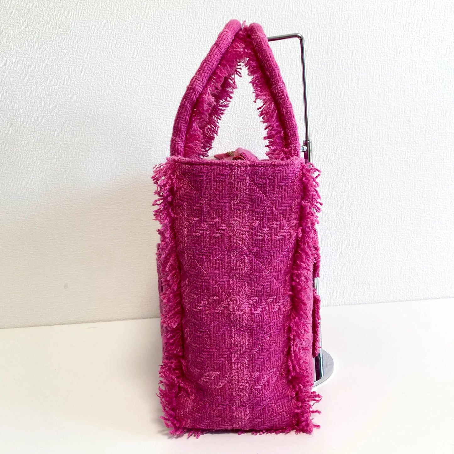 Pink Wool Tweed Logo Fringe Zip Top Shopping Tote Bag