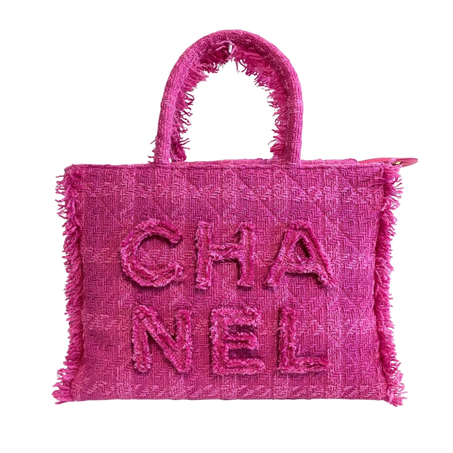 Pink Wool Tweed Logo Fringe Zip Top Shopping Tote Bag