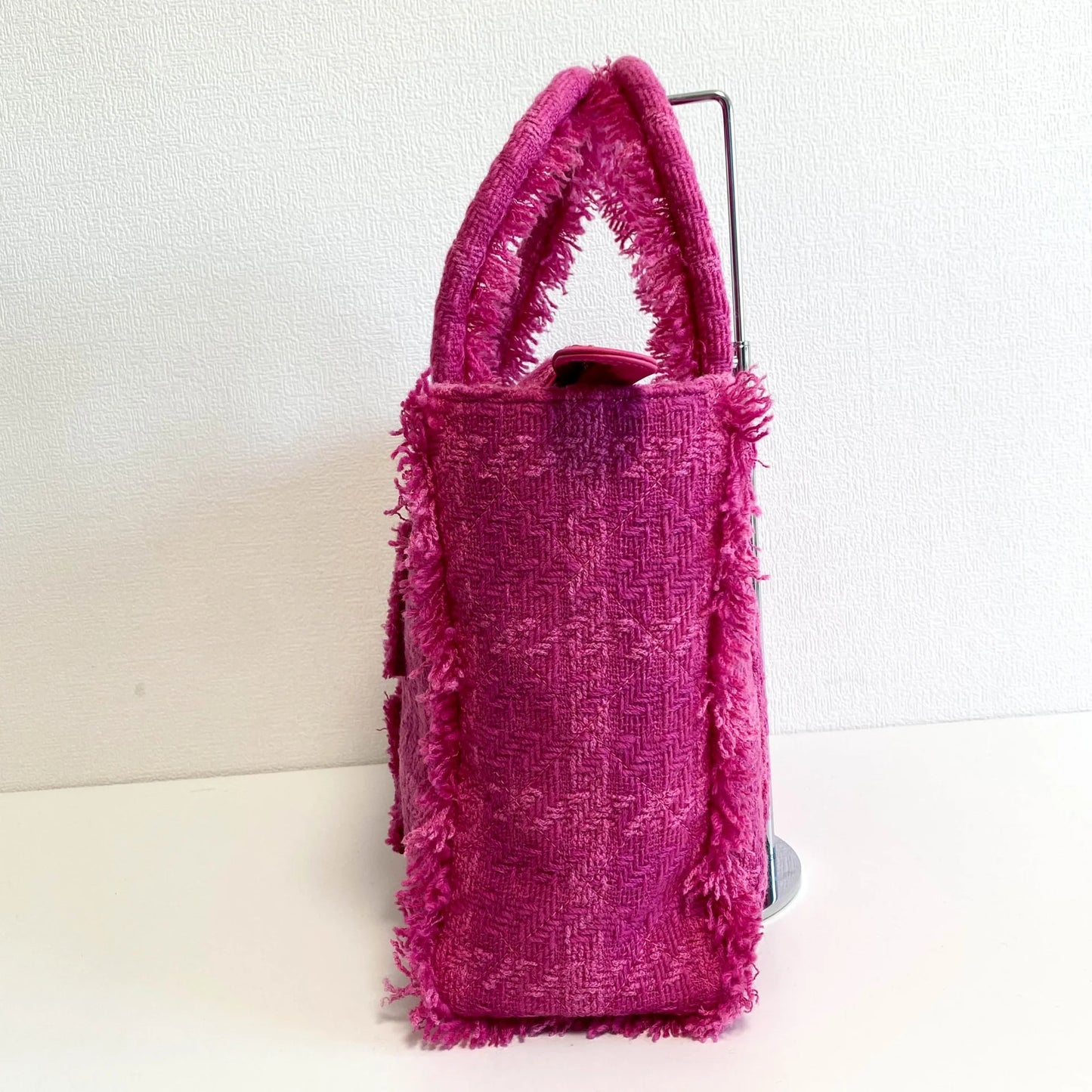 Pink Wool Tweed Logo Fringe Zip Top Shopping Tote Bag