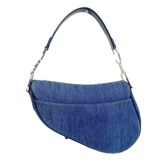 Denim Saddle Bag Embroidered with Crystal Flowers