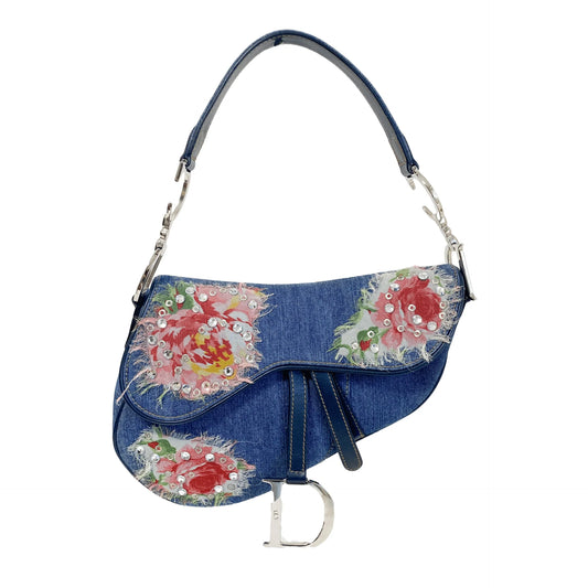 Denim Saddle Bag Embroidered with Crystal Flowers