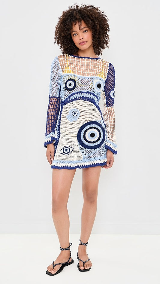 Dream Evil Eye Dress in White and Blue