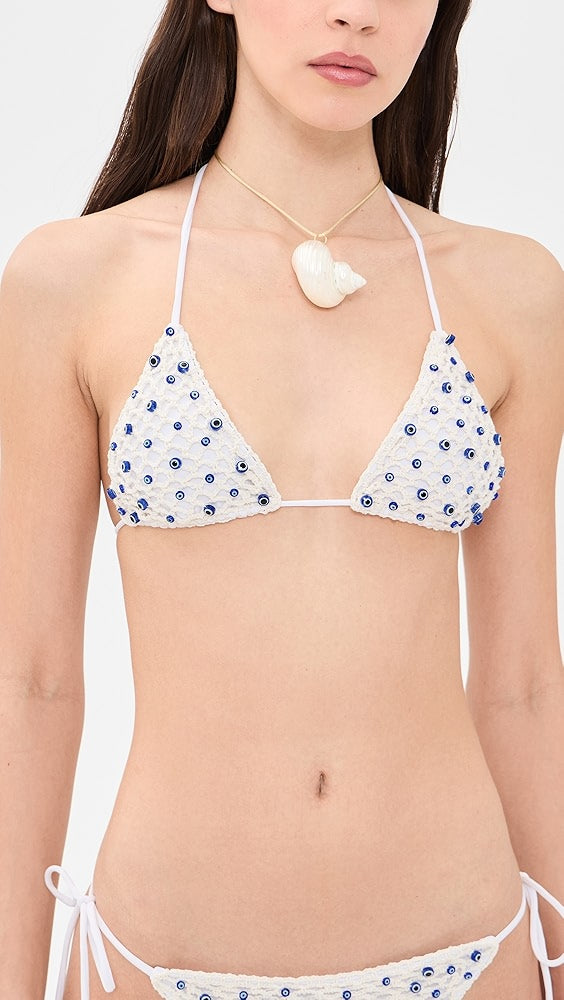 Micro Evil Eye Bikini Top in White and Blue