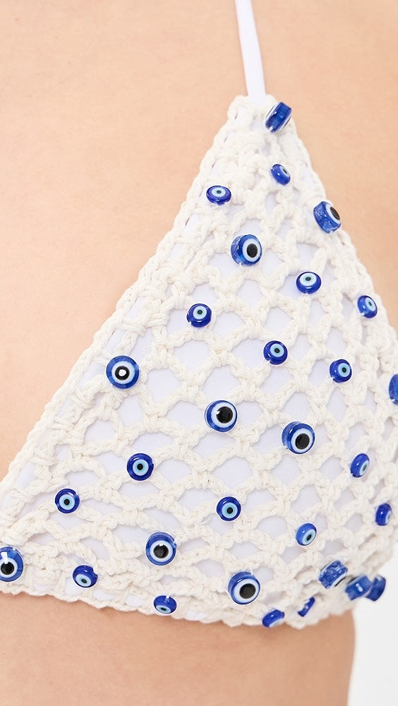 Micro Evil Eye Bikini Top in White and Blue