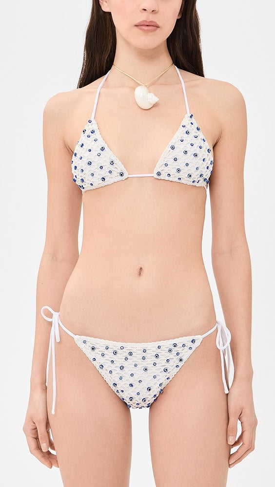 Micro Evil Eye Bikini Top in White and Blue